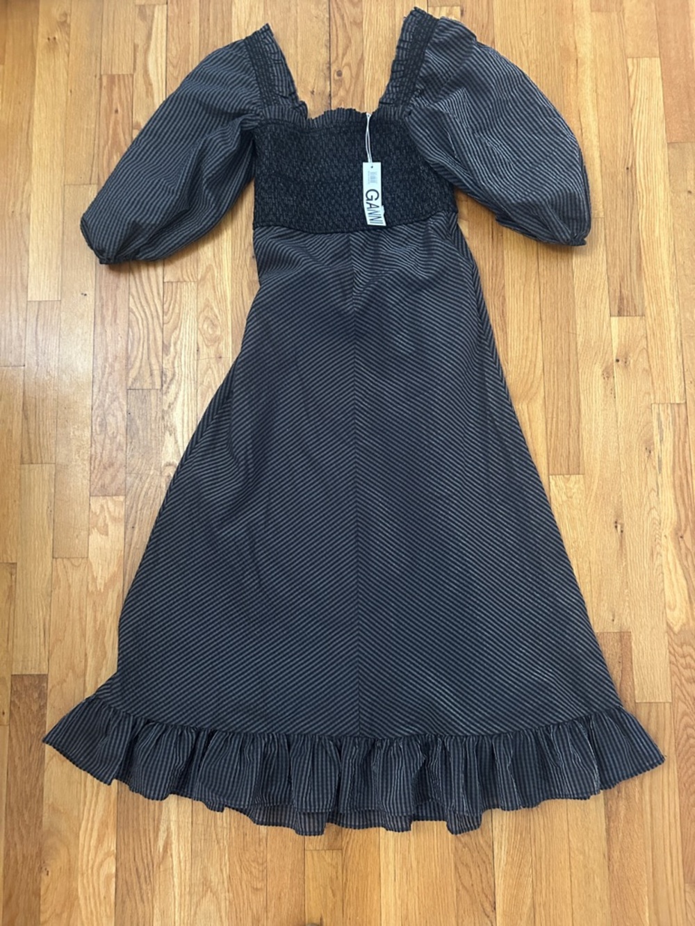 GANNI Black Pinstripe Puff-Sleeve Midi Dress